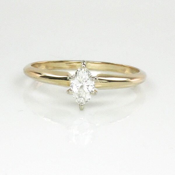 Vintage 14k Yellow Gold Marquise Cut Natural Diamond Engagement Ring - Solitaire Ring .24 Carats - Size 5.5