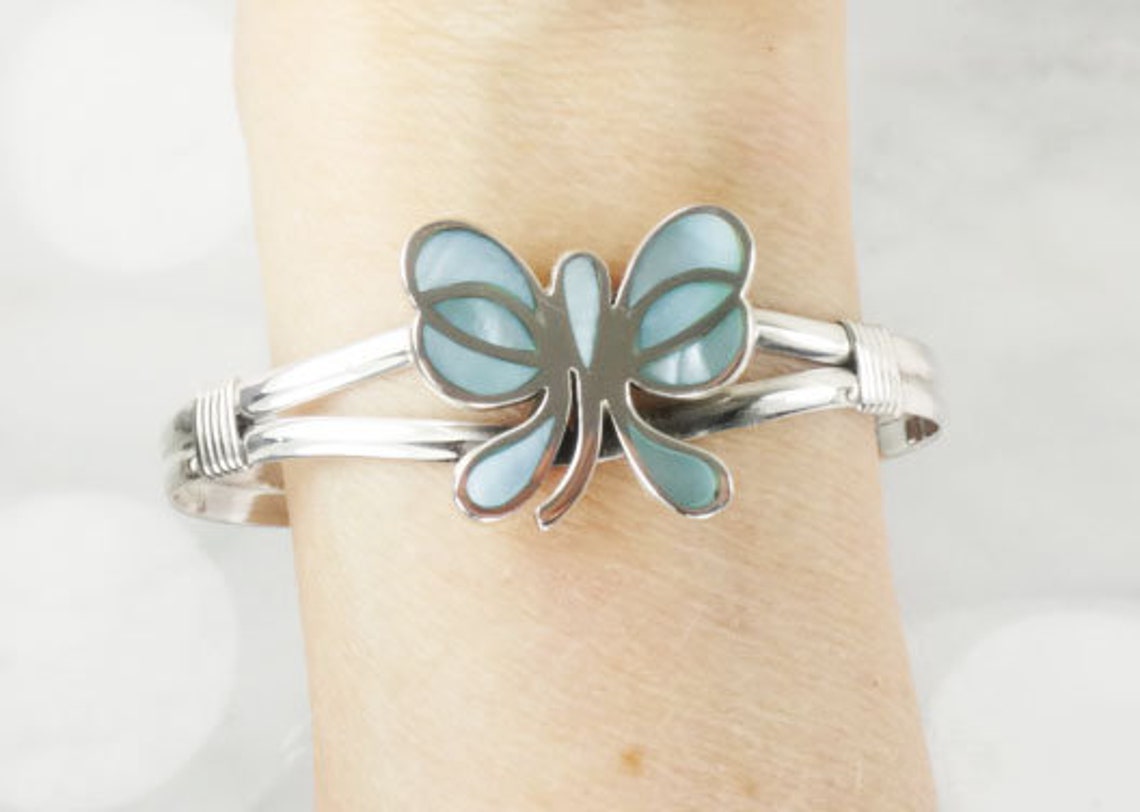Vintage Sterling Silver Butterfly Cuff Bracelet Blue Mother Etsy