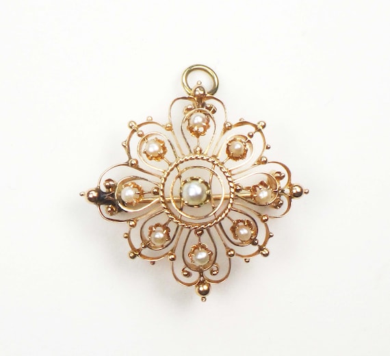 Antique 14k Gold Pearl Pendant Victorian Pearl Pe… - image 1