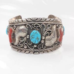 177 Gram Monster Vintage Native American Navajo Turquoise Coral Sterling Silver Bracelet 177 Gram Monster Vintage Native American Navajo Turquoise Coral Sterling Silver Bracelet