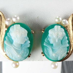 Vintage 14k Gold Green Hardstone Cameo Pendant Earrings Set: Pearl & Diamond Renaissance Revival image 4