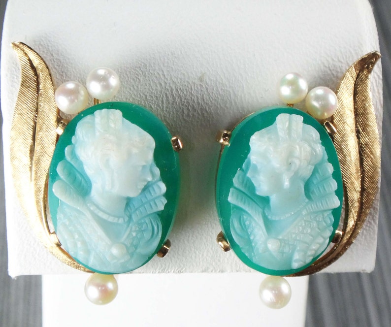 Vintage 14k Gold Green Hardstone Cameo Pendant Earrings Set: Pearl & Diamond Renaissance Revival image 4