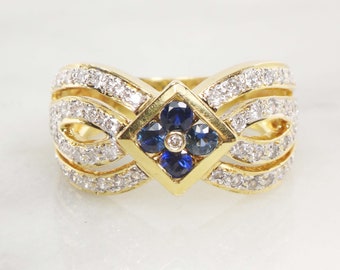 Vintage 18k Yellow Gold Natural Blue Sapphire and Diamond Ring Approx 1/2 CT TDW Wide Fancy Cigar Band Ring  Size 7.25