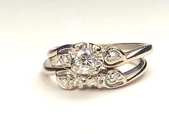 Vintage 14k White Gold Diamond Engagement Ring Set: .33 Carat Total, Size 6