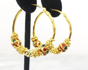 Vintage 22k Yellow Gold Hoop Earrings Fancy Earrings with Red and Green Enamel - 1 3/8"