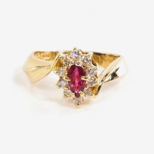 Vintage 14k Yellow Gold Ruby Diamond Halo Ring - Size 7.75