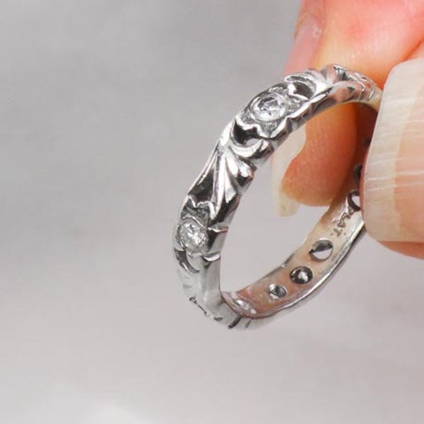 Vintage Platinum Diamond Wedding Band, Platinum Diamond Ring, 1940's Engraved Diamond Eternity Ring, Diamond Wedding Band, Size 5.75