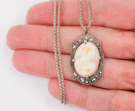 Vintage Sterling Silver Cameo Necklace with Marca… - image 1