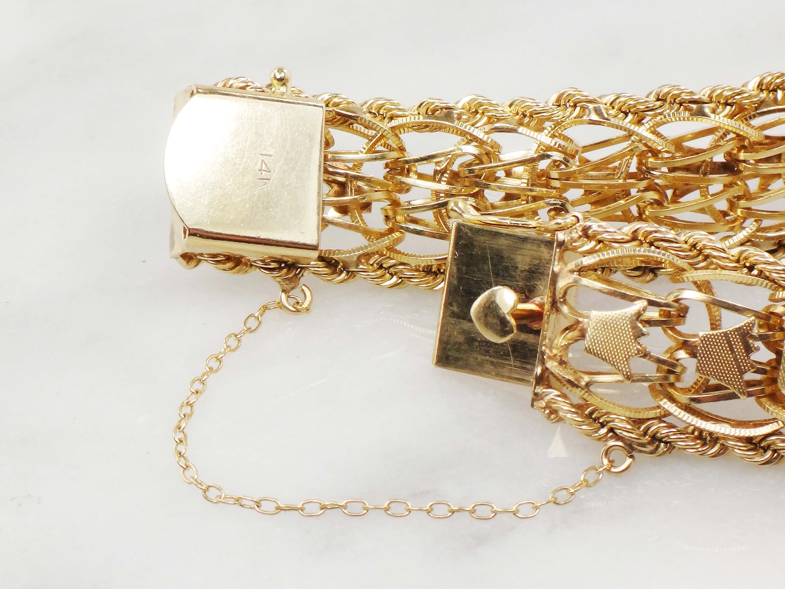 Vintage Gold Charm Bracelet 14k Gold Bracelet Wide Bracelet Etsy