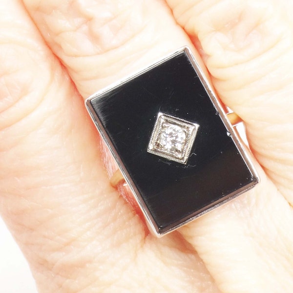 Art Deco Onyx Ring Vintage Onyx Ring with Diamond 14k Gold and Platinum Diamond Ring Large Onyx Ring Rectangle Black Onyx Size 5.75