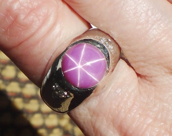 Vintage 14k White Gold Star Ruby Ring, Diamond Accents, Size 7