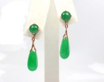 Vintage 14k Yellow Gold Green Jade Drop Earrings, Art Deco Style