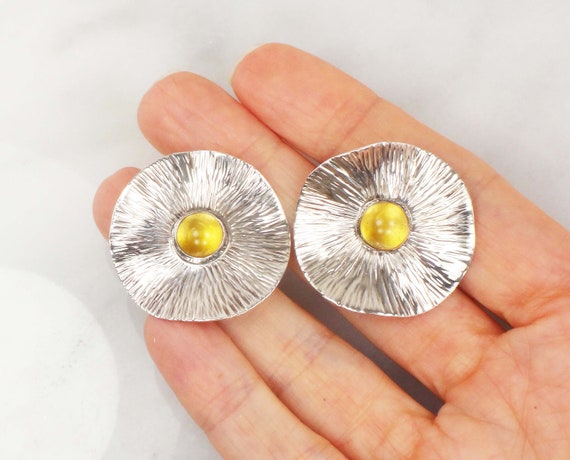 Vintage Large Sterling Silver Floral Citrine Earr… - image 9