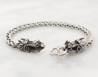 Vintage Sterling Silver Dragon Bracelet Silver Double Dragon Head Bracelet Woven Wheat Chain Sterling Bracelet Silver Bracelet Unisex 8 1/4"