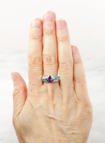 Vintage Sterling Silver Amethyst and Opal Ring, AK Atasay