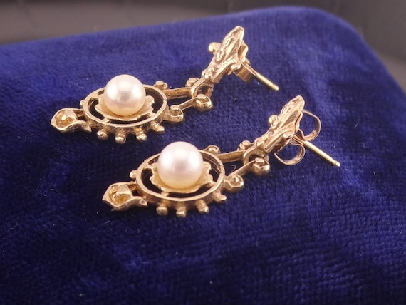 Vintage 14k Yellow Gold Cultured Pearl Dangle Ear… - image 2