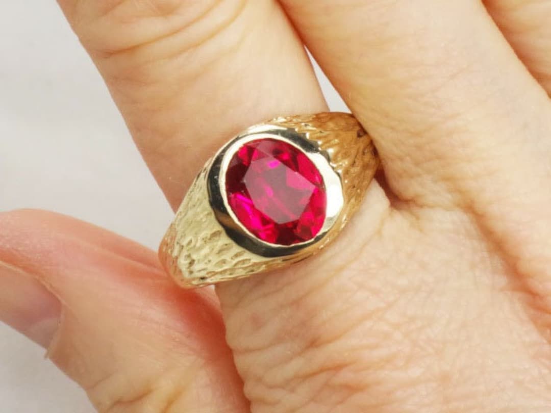 Vintage Mens Lab Created Ruby Ring Yellow Gold