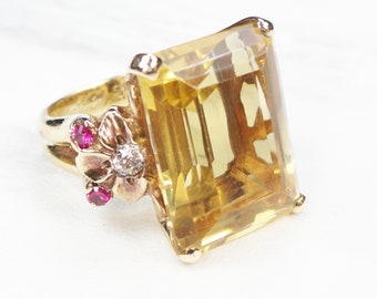 Vintage Gold Citrine Ring Yellow Gold Large Citrine Ring 14k Ruby Diamond Golden Stone 1940's Retro Ring Floral November Birthstone Ring