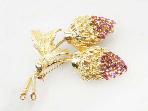 14k Yellow Gold Natural Ruby Strawberries Pin Lar… - image 5