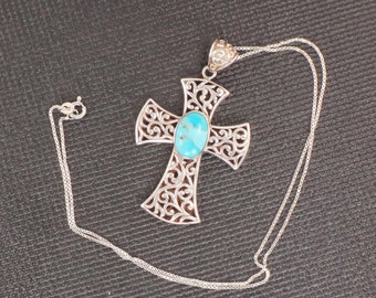 Vintage Large Sterling Silver Turquoise Cross Necklace Blue Turquoise Cross Pendant and 18.5" Chain