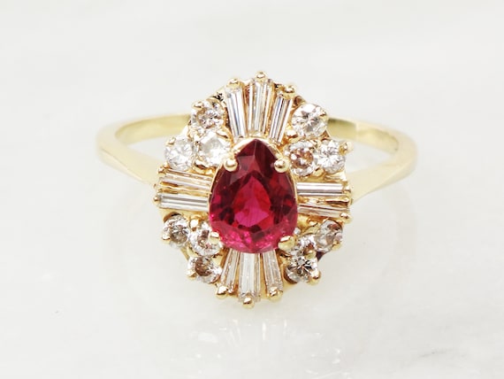 Vintage 14k Yellow Gold Ruby Diamond Ring: Baller… - image 1