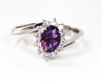 Vintage 14k White Gold Amethyst Diamond Halo Ring - Size 7
