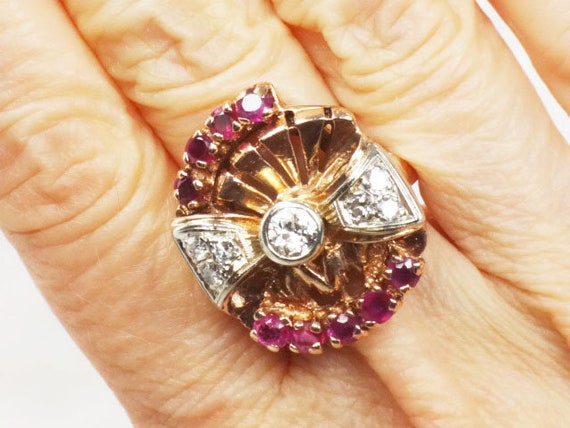 Vintage Rose Gold Natural Diamond and Ruby Ring 1… - image 6