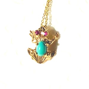 Vintage 14k Gold Frog Necklace: Turquoise & Ruby Jeweled Pendant