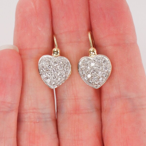 HOLD for Myrlande Vintage 14k Gold Pave Diamond Heart Earrings Natural Diamond Cluster Earrings with Lever Backs 1 Carat TDW Bridal Earrings