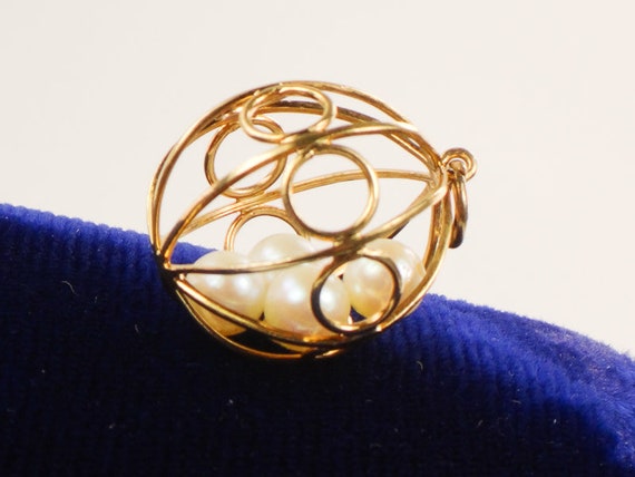 Vintage 18k Yellow Gold Cultured Pearl Ball Cage … - image 4