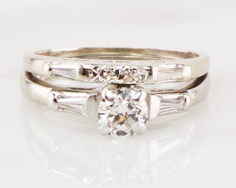 Vintage Diamond Wedding Ring Set: Platinum Engagement Ring, 14k Gold Band