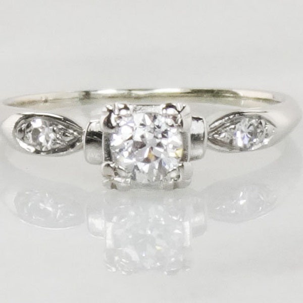 Vintage 14k Gold Diamond Ring Diamond Engagement Ring .25 Carat Old Mine Cut Diamond White Gold Engagement Ring 1/4 Carat Size 6.5