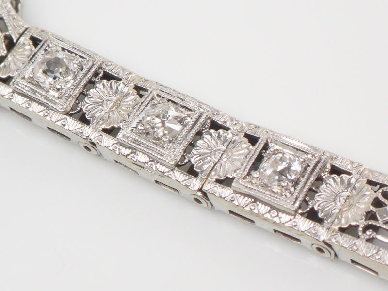 Bracelet Art Déco En Or Blanc 14 Carats Avec Diamants, Grenats Et Cristal De Roche - Bijou Vintage