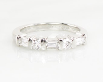 Vintage Platinum Diamond Wedding Band: Baguette & Round Cut, Size 6.5