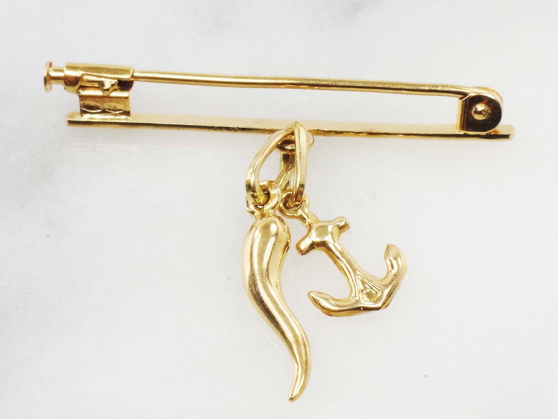 Vintage 18k Gold Baby Pin With Anchor and Italian Horn Charm Etsy