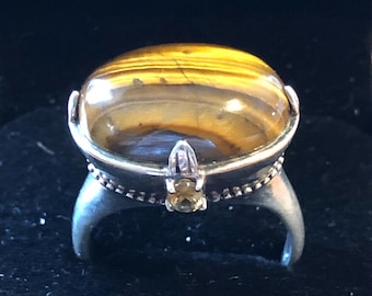 Vintage Sterling Silver Tiger Eye & Citrine Ring - Size 10