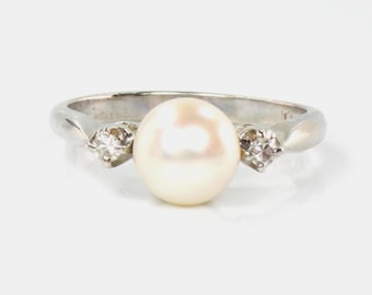 Vintage 14k White Gold Pearl Diamond Ring: Baden & Foss, Size 5.5