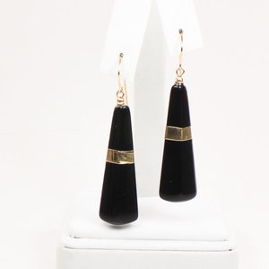 Vintage Long 14k Yellow Gold Black Onyx Dangle Earrings with Ear Wires