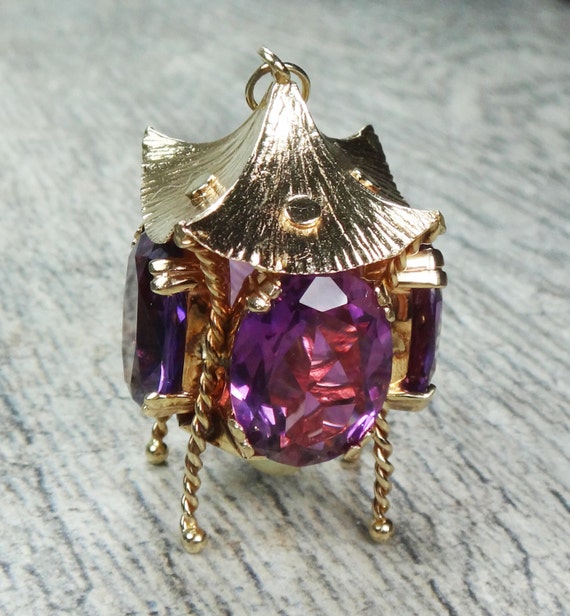Vintage Large Gold Charm Pendant 14k Purple Sapph… - image 4