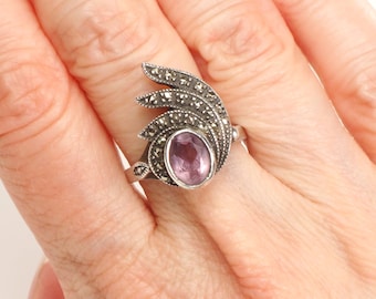 Vintage Sterling Silver Amethyst and Marcasite Ring, Size 6.75