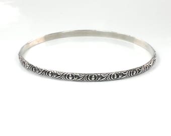 Vintage Thin Sterling Silver Bangle Bracelet: Slip On Repousse Style Design, 7 7/8"