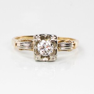 Vintage 14k Gold Round Natural Diamond Engagement Ring, Two Tone Orange Blossom Style