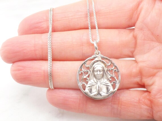 Vintage Sterling Silver Virgin Mary Necklace Mother Mary Pendant