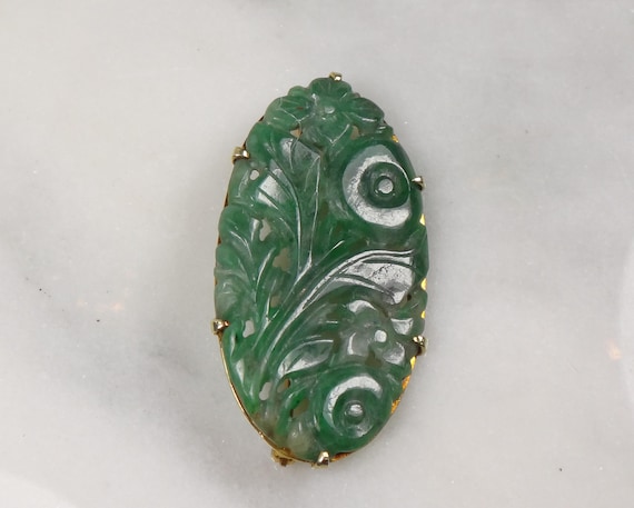 Antique 14k Gold Carved Jade Floral Pin Brooch - image 8