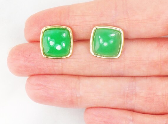 Vintage 14k Gold Green Jade Earrings Large Jade St