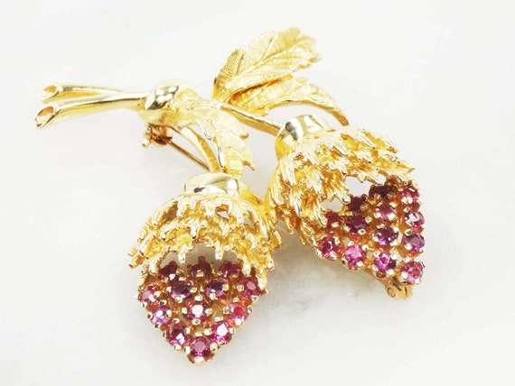 14k Yellow Gold Natural Ruby Strawberries Pin Lar… - image 2