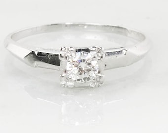 Vintage 14k White Gold Round Solitaire Diamond Ring Approx .25 Carats Natural Diamond Ring Size 8