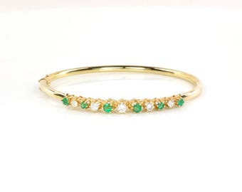 Vintage 14k Yellow Gold Emerald Diamond Bangle Bracelet - 6.75"