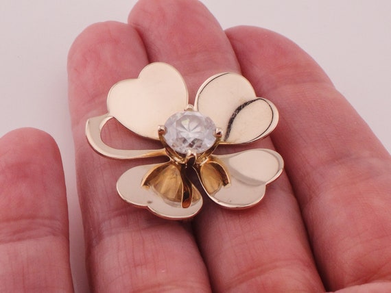 Vintage Large 14k Four Leaf Clover Pin with Clear… - image 5