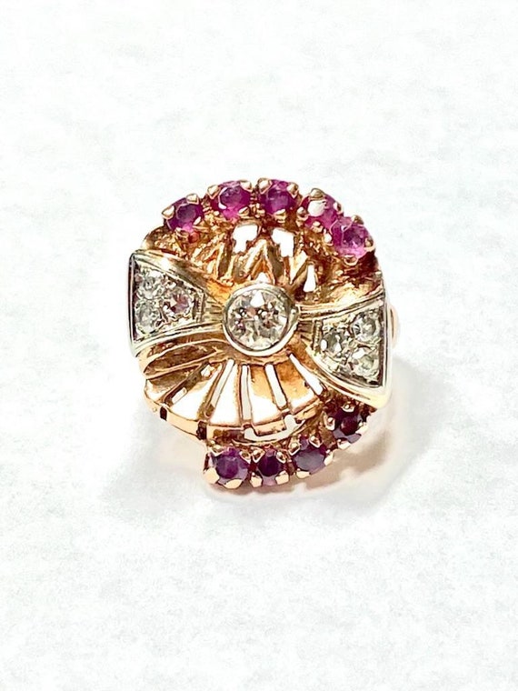 Vintage Rose Gold Natural Diamond and Ruby Ring 1… - image 4